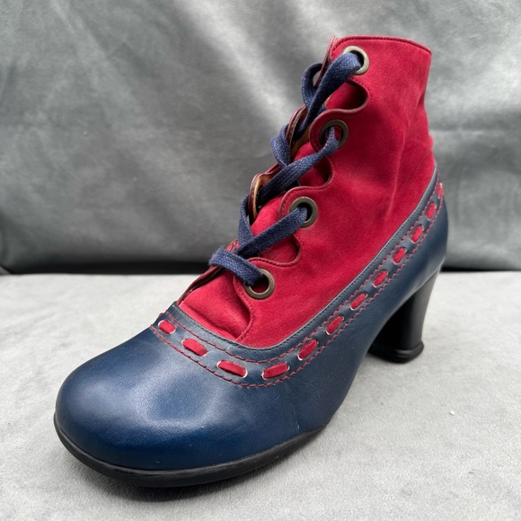 John Fluevog Operetta Bordoni Ankle Boots Women’s 8 Navy & Red Leather - Picture 5 of 16